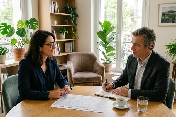 Consultant en bilan de compétences présentant une synthèse de restitution à un bénéficiaire en cabinet de Moselle