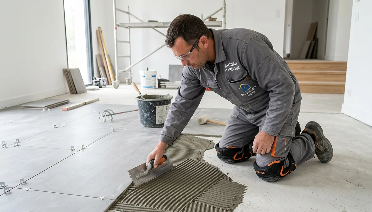 Carreleur artisan en Moselle posant du carrelage avec une spatule crantée