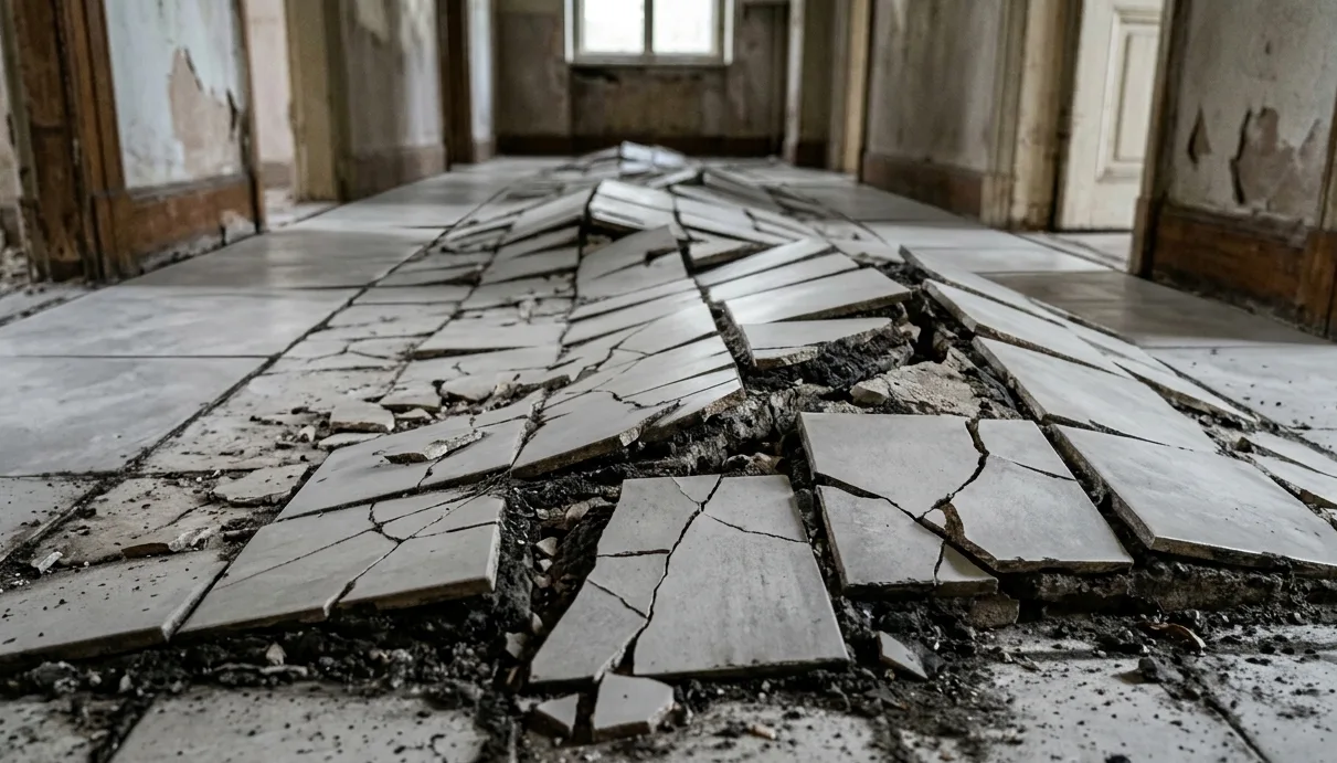 Carrelage de sol décollé et fissuré — sinistre décennal typique en carrelage