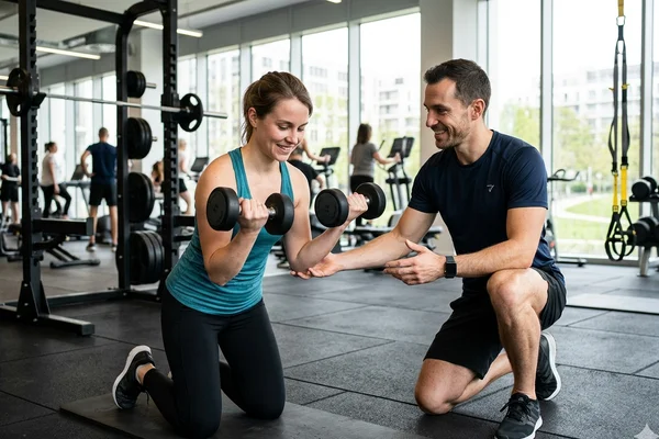 Coach sportif accompagnant un client dans une salle de sport en Moselle