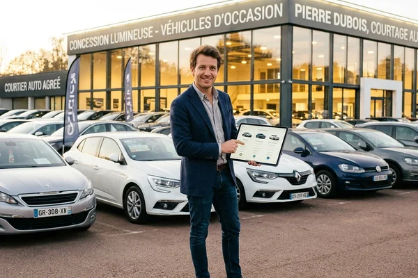 Courtier automobile présentant un véhicule d'occasion d'importation à un acheteur en concession privée de Moselle