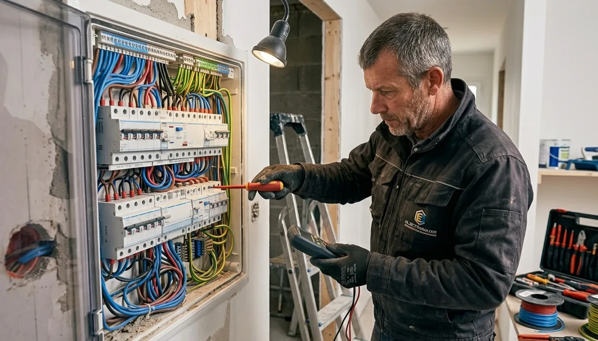 Électricien artisan en Moselle travaillant sur un tableau électrique résidentiel
