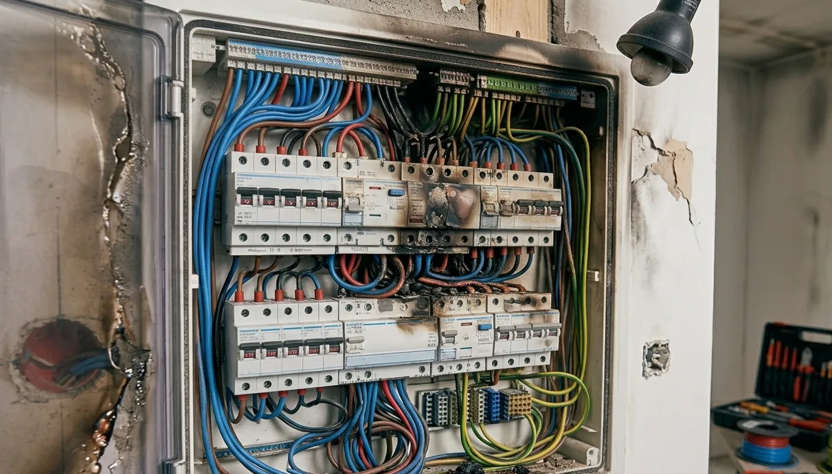 Tableau électrique brûlé après court-circuit — sinistre décennal typique en électricité