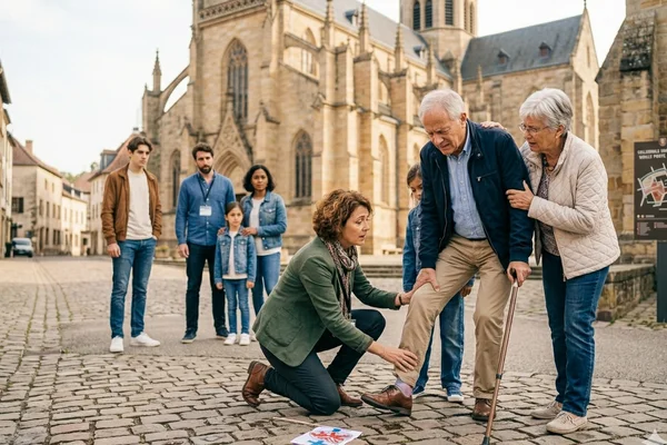 Guide touristique face à un accident de groupe dans un monument historique