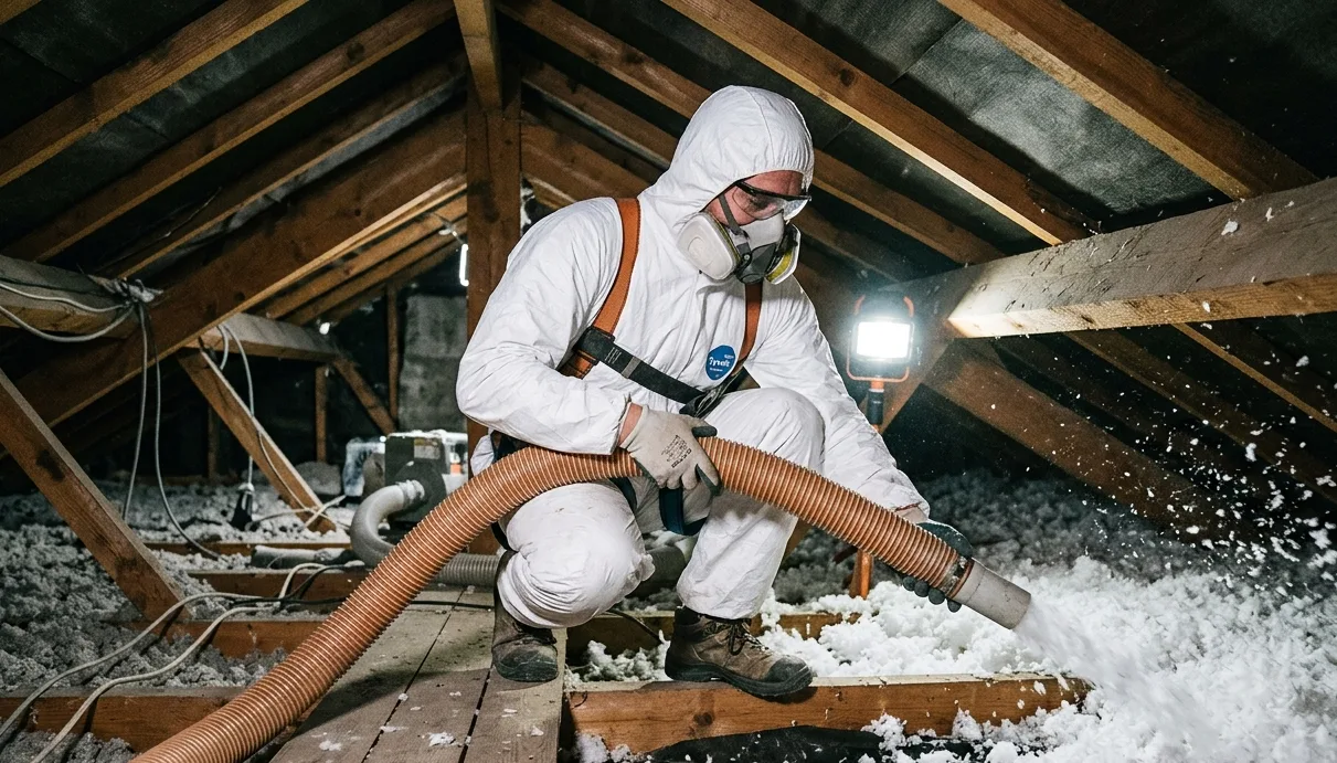 Technicien isolateur soufflant de la laine dans des combles perdus en Moselle