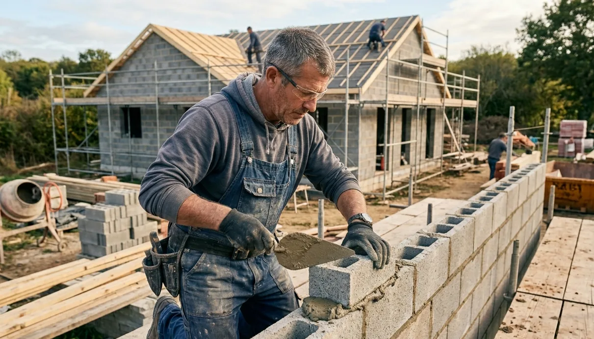 Maçon artisan BTP en Moselle posant des blocs sur un chantier résidentiel