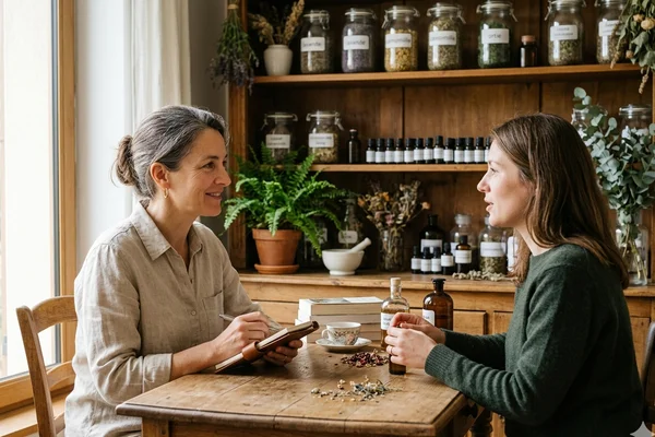 Naturopathe en consultation avec un client dans un cabinet en Moselle