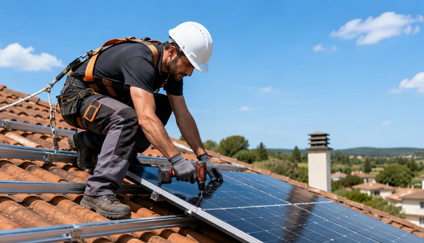 Installateur photovoltaïque en Moselle posant des panneaux solaires en surimposition sur une toiture résidentielle