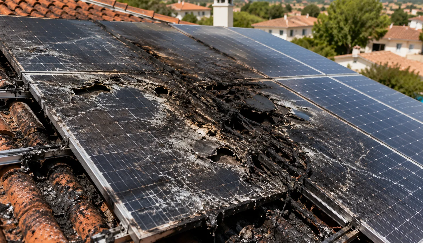 Toiture photovoltaïque avec infiltration d'eau au point de fixation et trace d'humidité — sinistre décennal typique en photovoltaïque