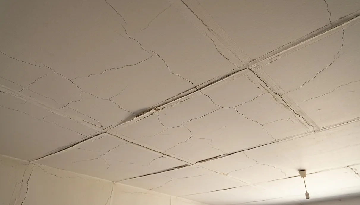 Plafond en plâtre fissuré et affaissé — sinistre décennal typique en plâtrerie