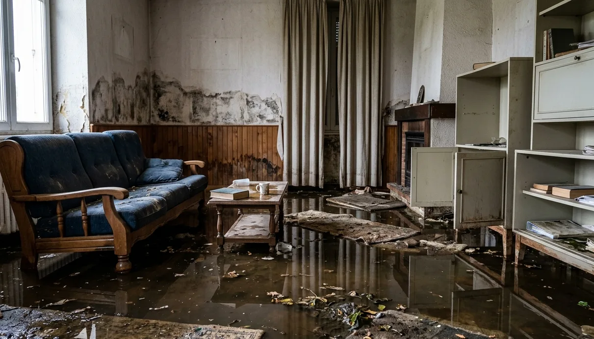 Salon inondé par dégât des eaux suite à fuite encastrée — sinistre décennal typique en plomberie-chauffage