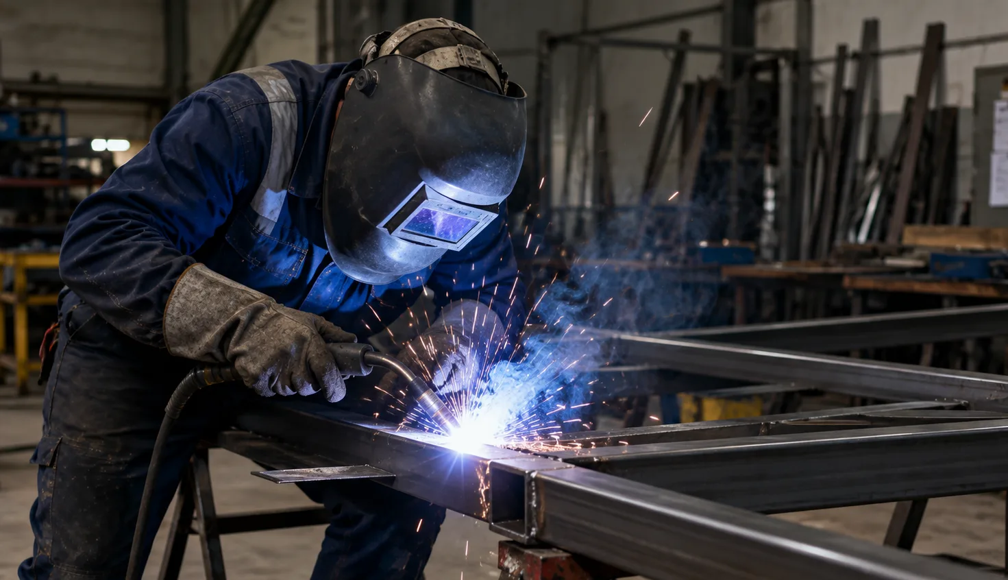 Serrurier-métallier en Moselle soudant un garde-corps métallique en atelier