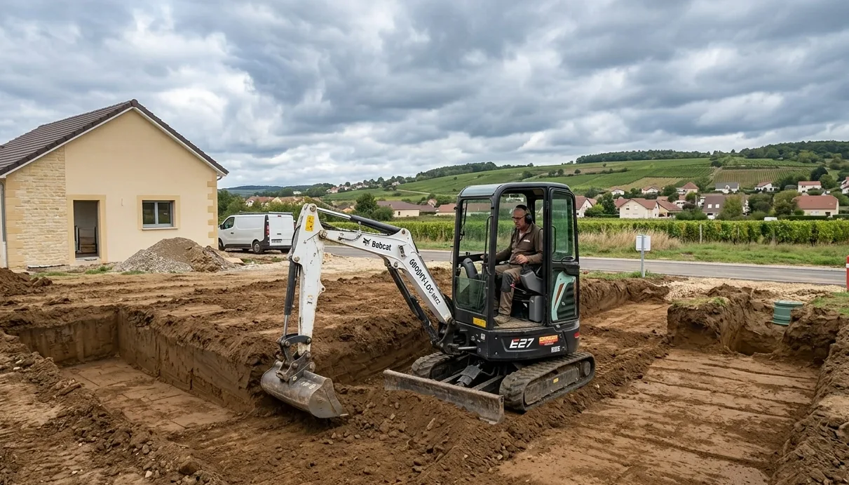 Terrassier en Moselle opérant une mini-pelle sur un chantier de terrassement résidentiel